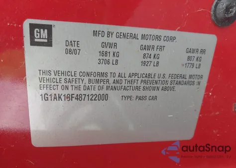 2008 Chevrolet Cobalt Ls z USA, uszkodzony, nr VIN 1G1AK18F487122000